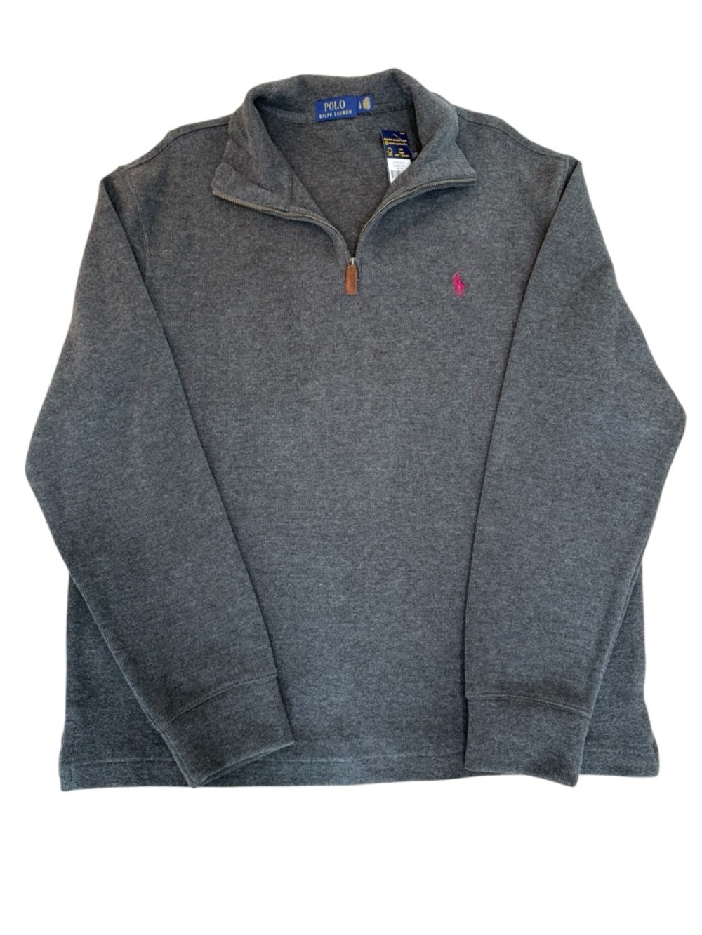 Ralph Lauren Gray 100% cotton Quarter Zip Sweater with Polo logo Sz large